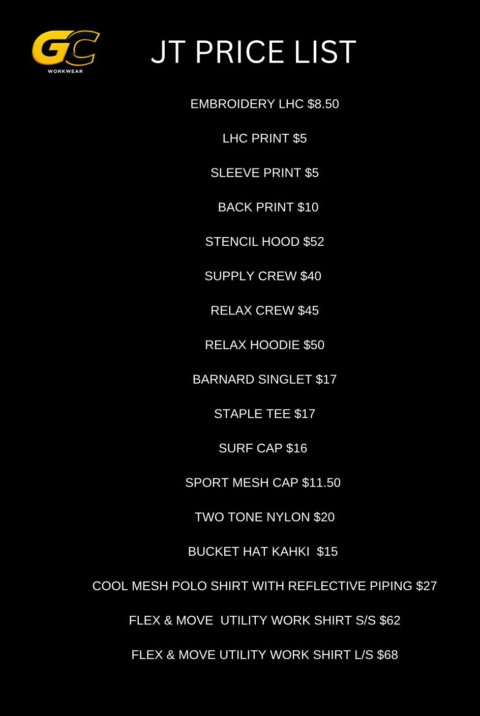 JT  PRICE LIST